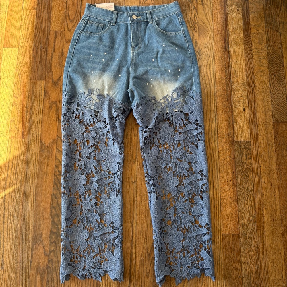 Tiao Tiao NV Women’s Lace Flower Denim High Waist Jeans Size L